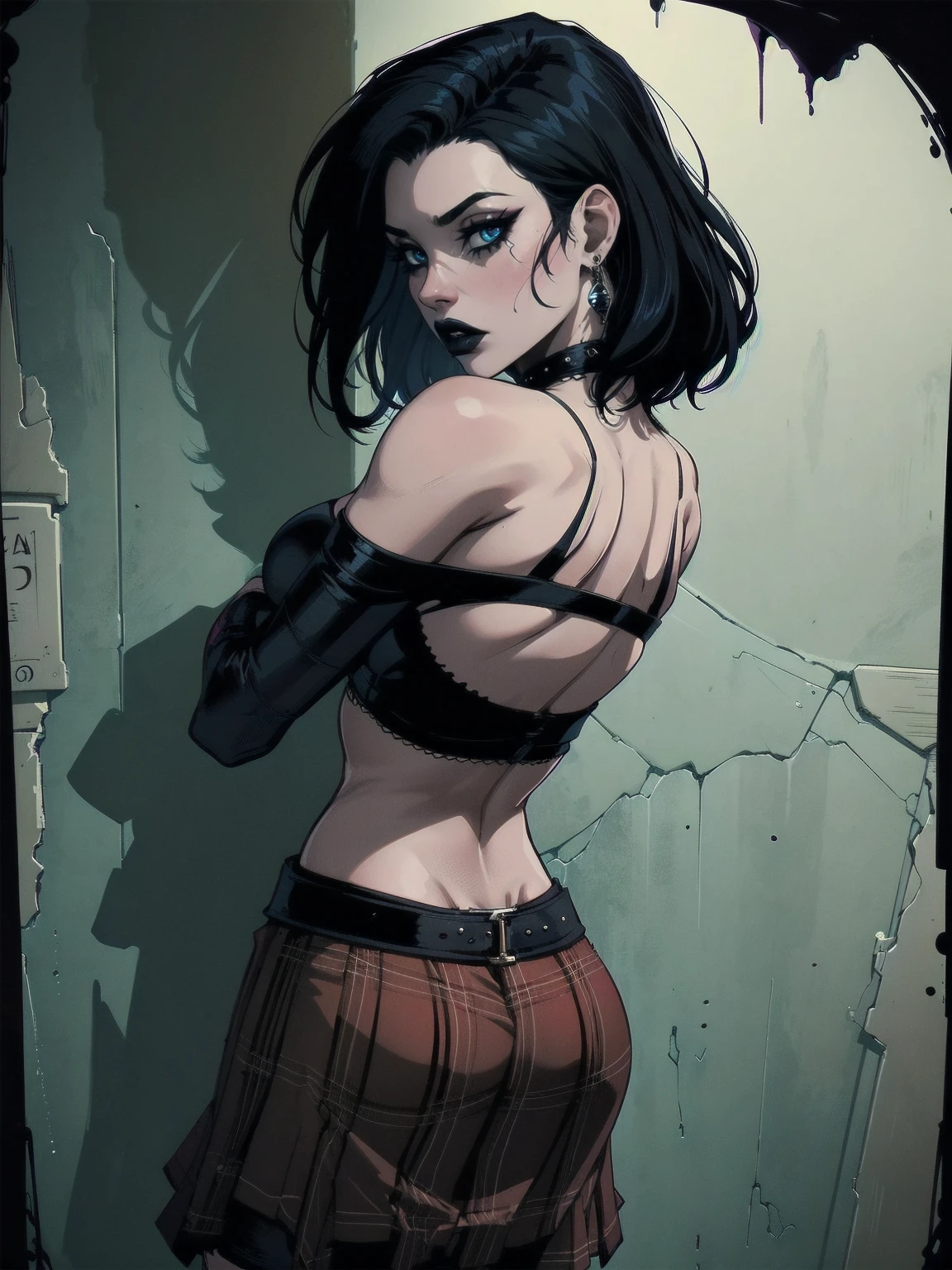 a woman with short black hair, hair on shoulders, wearing a black cropped and plaid skirt, blue eyes, zombie art, gothic art, cute aesthetic with vibe, toon aesthetic, wearing red costume, wearing gothic accessories, look like Cassie Hack, upper body, portrait, with your best friend Vlad, dark background, backwards, looking back