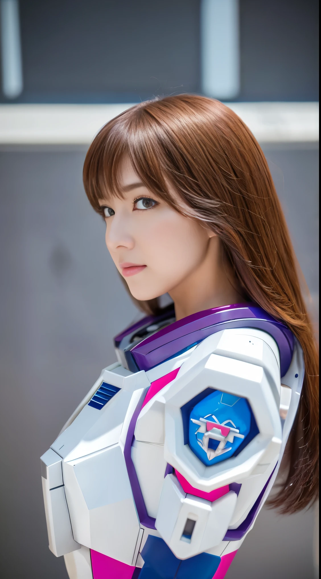 RAW, Masterpiece, Ultra Fine Photo,, Best Quality, Ultra High Resolution, Photorealistic, Sunlight, Full Body Portrait, Stunningly Beautiful,, Dynamic Poses, Delicate Face, Vibrant Eyes, (Side View) a close up of a woman in a pink and white gundam custume, dybamic pose, long brown very very long hair rapunzel, girl in mecha cyber armor, portrait armored astronaut girl, d. va from overwatch, female mecha, on a gundam, gundam head, chiho aoshima color scheme, mobile suit, streamlined purple armor, fully robotic!! girl, realistic cosplay, gundam armor (dynamic pose) (best cameraview), full body