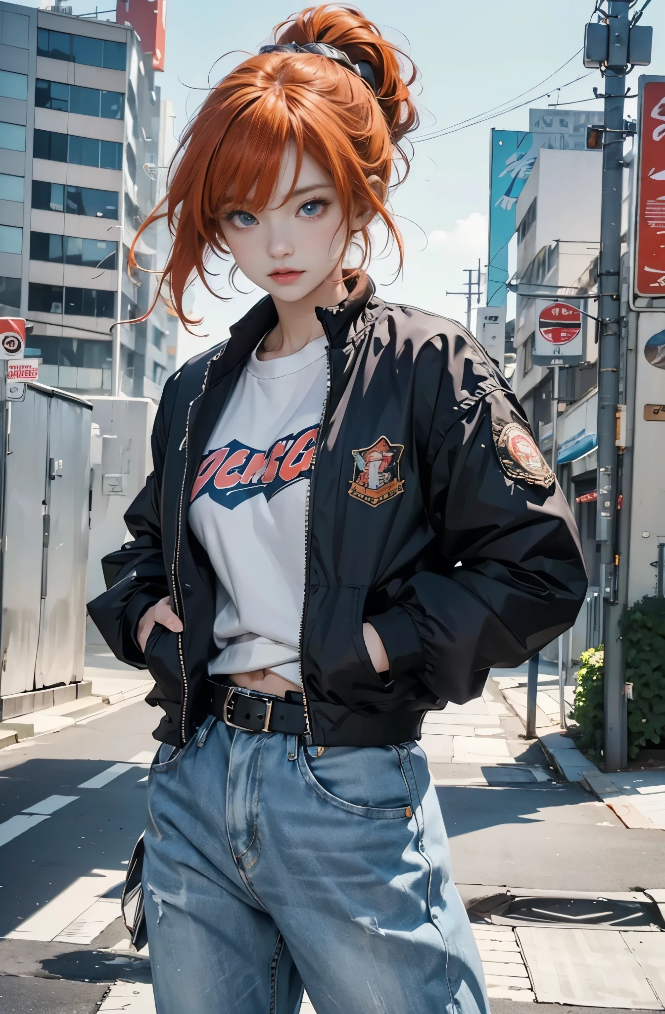 very colorful, pop feel, summer image, Beautiful woman with orange hair ponytail, very beautiful detailed eyes, beautiful and delicate eyes, Around 25 years old, sea view, wearing a jacket, stylish belt, perfect tall model body,Mysterious, cool beauty, west coast, sparkling summer memories, Anime drawing by Yang J, Trending at Art station, realism, extremely detailed germ of art, Realistic anime 3D style, anime style 4 k, up to the model | germ of art, anime style. 8K, casual clothes, realistic anime art style, style germ of art, sharp outline, highest quality, perfect angle, perfect composition, The perfect subject, best shot, official art,CD jacket, 80s city pop, Snazzy, very stylish