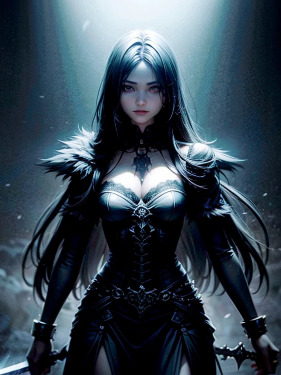 (a girl with) Aura-like gothic lighting, realistic Gothic-style artwork, detailed skeleton impaling itself with a sword in the neck, dark atmospheric background, high-res masterpiece:1.2, ultra-fine painting, professional, vivid colors