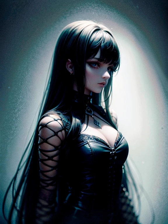 (a girl with) Aura-like gothic lighting, realistic Gothic-style artwork, detailed skeleton impaling itself with a sword in the neck, dark atmospheric background, high-res masterpiece:1.2, ultra-fine painting, professional, vivid colors