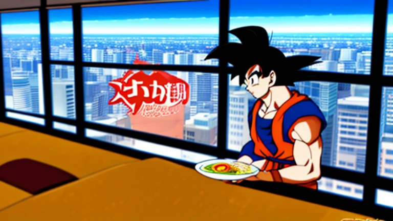 goku from dragon ball z sitting at a table, looking out a window at the big city while eating a bowl of ramen, vibrant colors, masterpiece, high quality, 8k