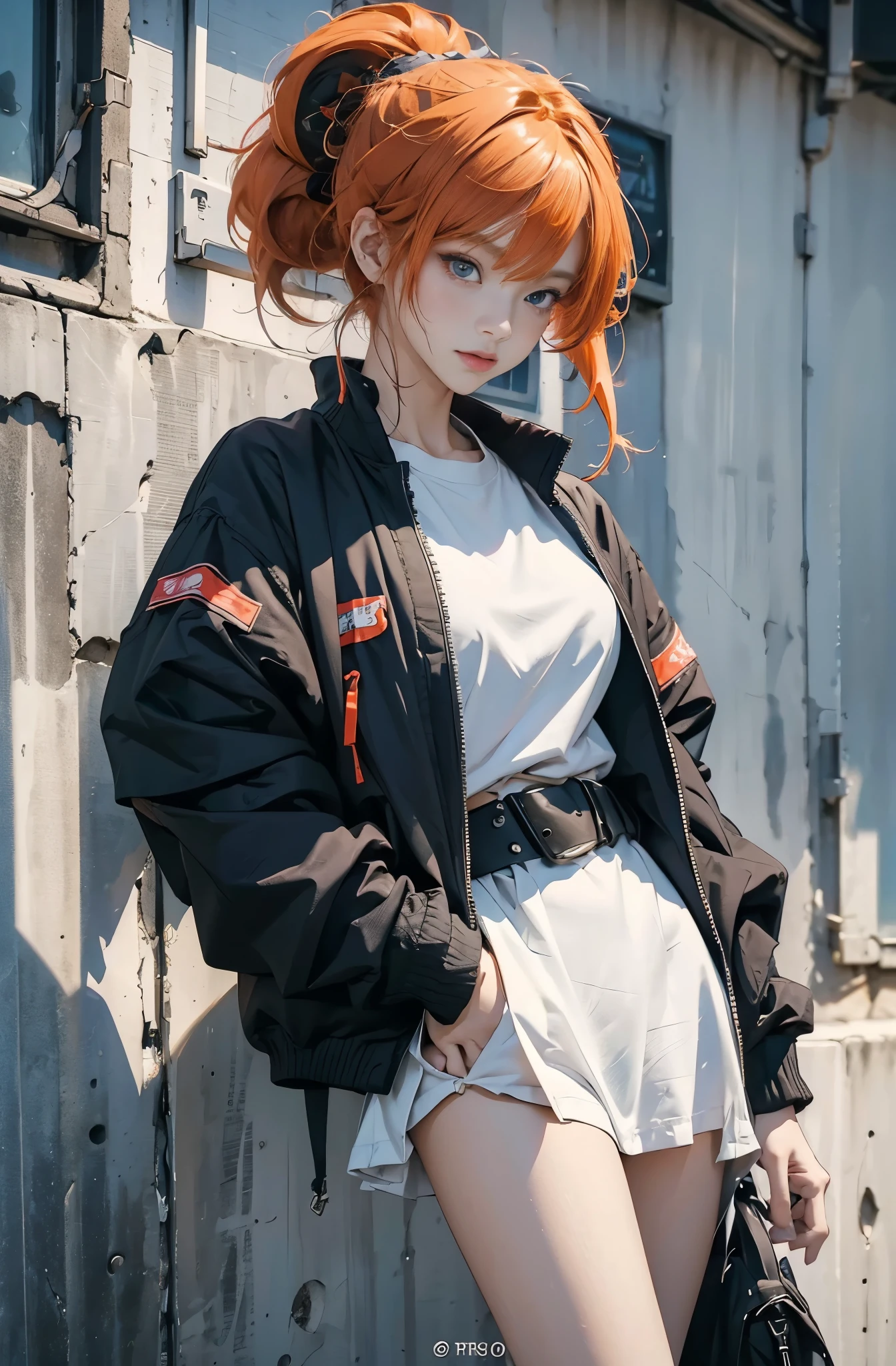 very colorful, pop feel, summer image, Beautiful woman with orange hair ponytail, Around 25 years old, sea view, wearing a jacket, stylish belt, perfect tall model body,Mysterious, cool beauty, west coast, sparkling summer memories, Anime drawing by Yang J, Trending at Art station, realism, extremely detailed germ of art, Realistic anime 3D style, anime style 4 k, up to the model | germ of art, anime style. 8K, casual clothes, realistic anime art style, style germ of art, sharp outline, highest quality, perfect angle, perfect composition, The perfect subject, best shot, official art，CD jacket, 80s city pop, Snazzy, very stylish