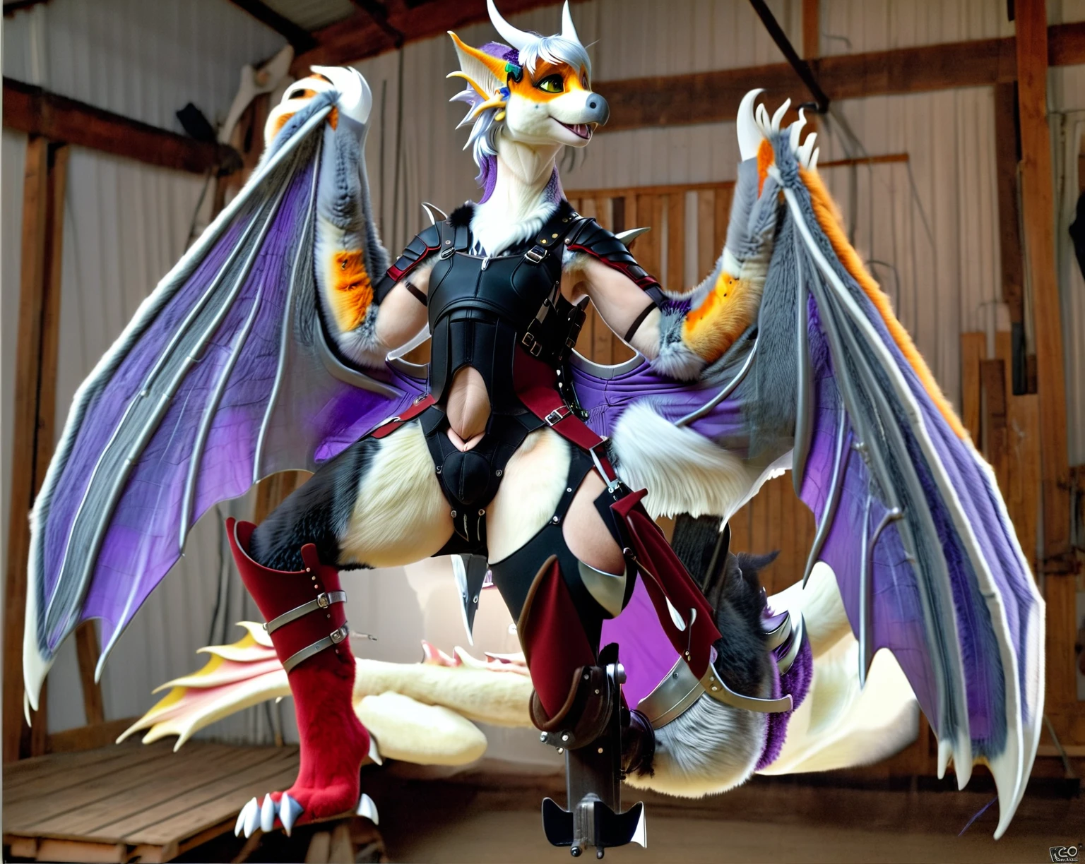 Ultra high resolution, best quality, masterpiece. (Real life photo, front shot:2), (NSFW, penis erection:2). (a male human wyvern fursuit hybridization transformation:2), (wyvern fursuiter LARPer inside stable stall during LARP event:1.75). (he wears a saddle, a steel plate battle harness, a bridle, reins, and a steel helmet over his vinyl wyvern fursuit:1.95), (your costume's vinyl fabic morphs and hardens into real, genuine wyvern scale hide as the suit permanently fuses with your body:1.8), (vinyl fabric morphing into real scales:1.8), (your skin is half vinyl fabric, half scaly hide:2), (you morph into a human wyvern fursuit hybrid:1.9), (the costume zipper slowly assimilates into your body:1.5), (colors (onyx:1.6), (amethyst:1.4), (crimson:1.6), (silver:1.3):2), (real photo:2.4), cinematic shot, dynamic lighting, (your arms fused into the fursuit's wings:1.5)