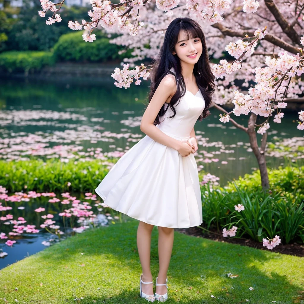 （32k，super highest quality，masterpiece，ultra high resolution)，15 years old〜Until age 20，Wedding dress，Beautiful and thin legs，chest，black hair，black eye，straight long hair，beautiful skin，beautiful body，A lovely and beautiful young Japanese girl，full body angle，full body photo，baby face，single eyelid，field，beautiful water lake background，slim waist，with young body，cute smile，adorable smile，Lots of cherry blossoms in full bloom in the background，A lot of colorful flowers in the background，in the dark，deep shadow，Full moon in the background，A lot of starry sky in the background，Cherry blossoms illuminated at night，Flower garden light up