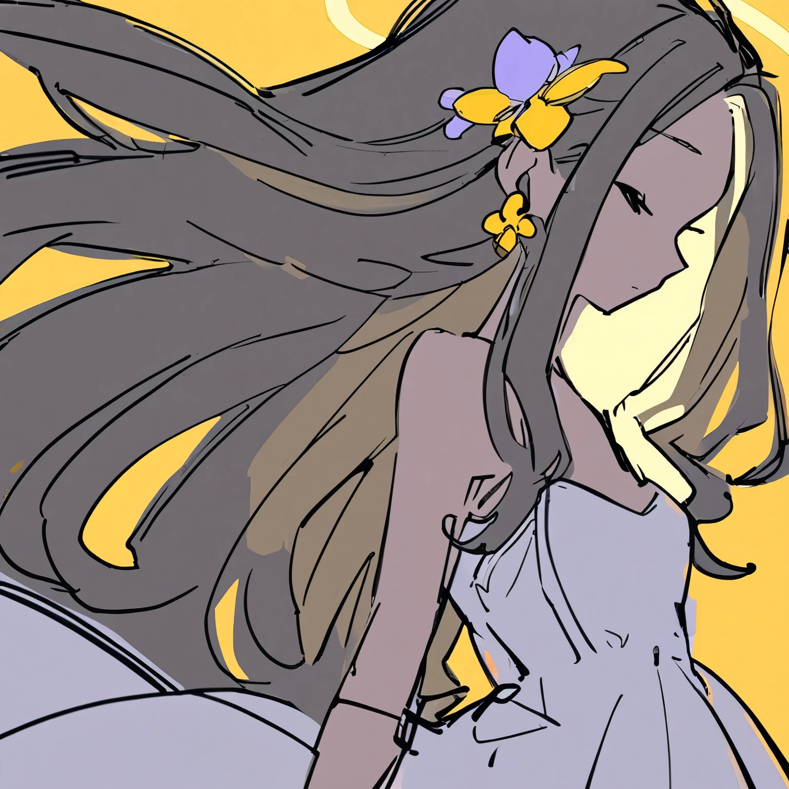 high quality,sketch,flat color,graphite \\(Moderate\\),1 girl,alone,bright yellow hair、,hair ornaments,long hair,flower,closed my eyes,hair flower,jewelry,dress,earrings,very long hair,Halo on head,bracelet,simple background,yellow background,up to date,slow,white dress、Angel、Yellow Inner Hair