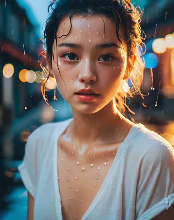 8k, masterpiece, best quality, style chinese, surreal dramatic lighting shadow, (lofi, analog), kodak film by Brandon Woelfel Ryan McGinley,
background is wet tshirt (water drops:1.2), splash detailed,
1girl, perfect face, perfect eye, looking at viewer, (Authentic skin texture:1.3), naked portrait, nude photography, shiny nipple 