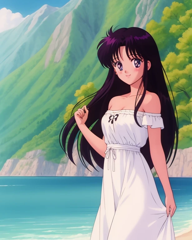 1990s \(style\), masterpiece, best quality, highres, outdoors, small breasts, 1 girl, Solo, ReiHino, Purple Eyes, Beautiful Detail Eyes, Long Black Hair, Good hands are down, Smile, Blushing, Bare Neck, Bare Shoulders, strapless, White Ruffle Off-the-Shoulder Top, White maxi dress. Cowboy shot. A landscape of blue skies, mountains, a lake and a green valley. In the center.