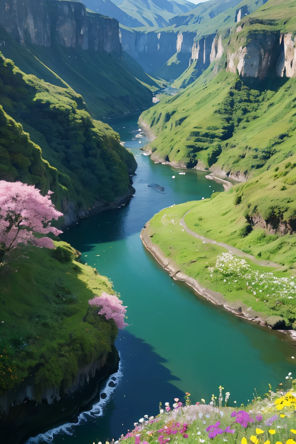 April days on earth,Sea of Flowers,flying birds,Valley,running water,grass,canyon