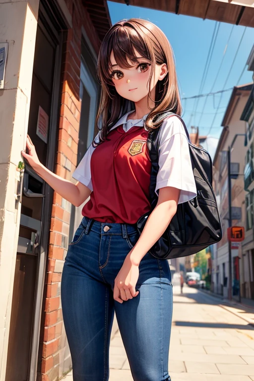 1 chica, has brown hair, has brown eyes, llora, tiene uniforme escolar, esta la escuela, mira de frente a la camara, lleva una cartera roja, lleva pantalos jeans