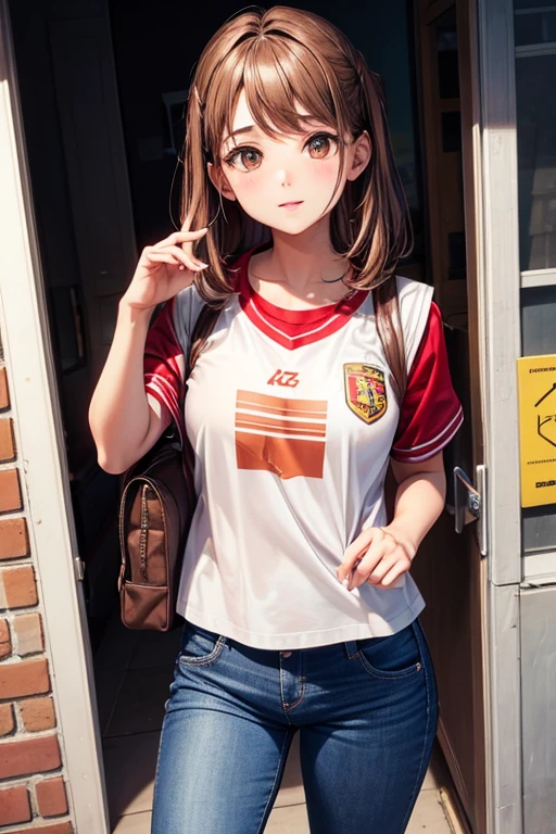1 chica, has brown hair, has brown eyes, llora, tiene uniforme escolar, esta la escuela, mira de frente a la camara, lleva una cartera roja, lleva pantalos jeans