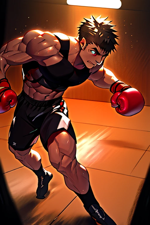 a young boxer whose appearance reflects his passion and determination in the ring. His long, dark brown hair falls in wavy strands around his face, framing a firm, square jaw. Each strand seems to have a life of its own, moving with grace and determination with every movement you make.
His eyes are a deep, piercing blood red, glowing with an intensity that reveals his indomitable spirit and fierce determination. His gaze is firm and direct, displaying calm confidence and unwavering determination.
His body is sculpted by years of rigorous training and dedication to the sport of boxing. Every muscle is defined and toned, ready to deliver powerful blows and dodge his opponents' attacks with surprising agility. His skin, tanned by the sun and covered in scars from previous battles, tells the story of his arduous path to greatness in the ring.
He wears a typical boxer's training outfit, consisting of short, tight shorts, sturdy boxing boots, and worn but well-maintained boxing gloves. His appearance in the ring is imposing and powerful, with each movement conveying a strength and determination that inspires respect and admiration in his rivals and admirers alike.