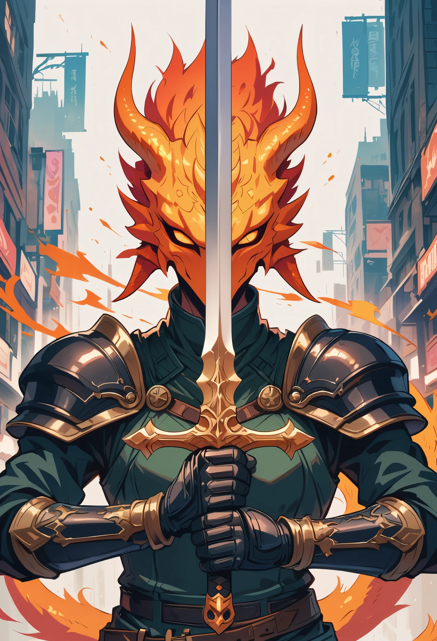 DnD character art, fantasy warrior with dragon head helmet and orange scales holding sword in hand standing on city street, green , black leather gloves, high details, in the style of fantasy.holding sword with both hands,sword focus