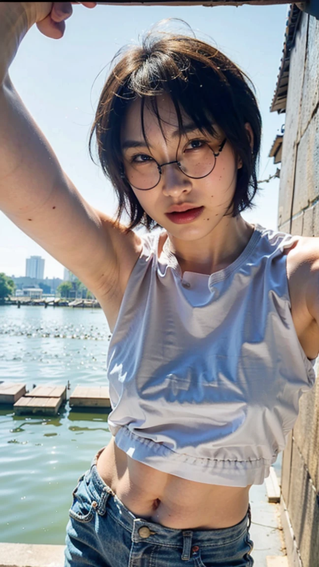 Realistic Photography, Beautiful Young Female ,Short hair ,river, extremely delicate and beautiful},Outstanding light and shadow, highly detailed wallpaper,Clear and bright sunlight, taking a selfie, naked portrait, nude photography, detailed armpit, pussy pubic hair, thick pubic hair, shiny nipple
