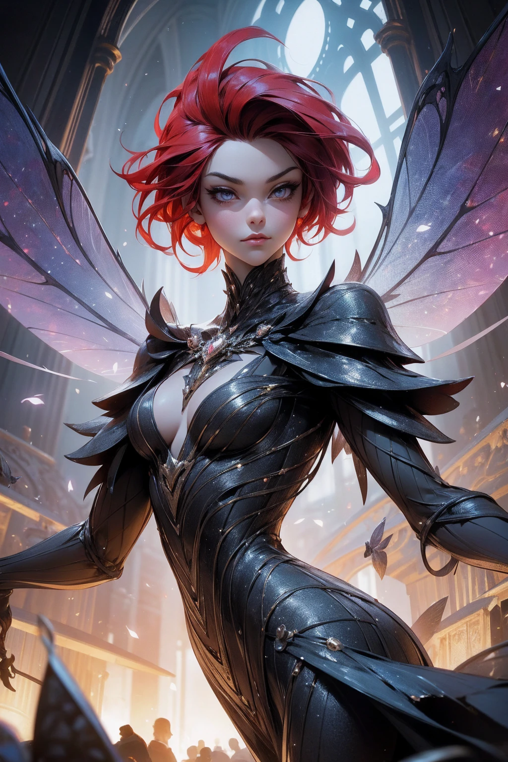 (Absurd, high quality, ultra -compared, careful with the hand) fairy, fairy wings, dreamer body, vivid, romantic and all. Optimistic face, just lies, without entry and intellectual. Reckless style, cold heart, impatient and too confident. Gray eyes, ripe and dark (eyes of the eyes), enchanted fairy (pixie) . Short hair, red hair. In the carnival row illustration, flying. Whole body