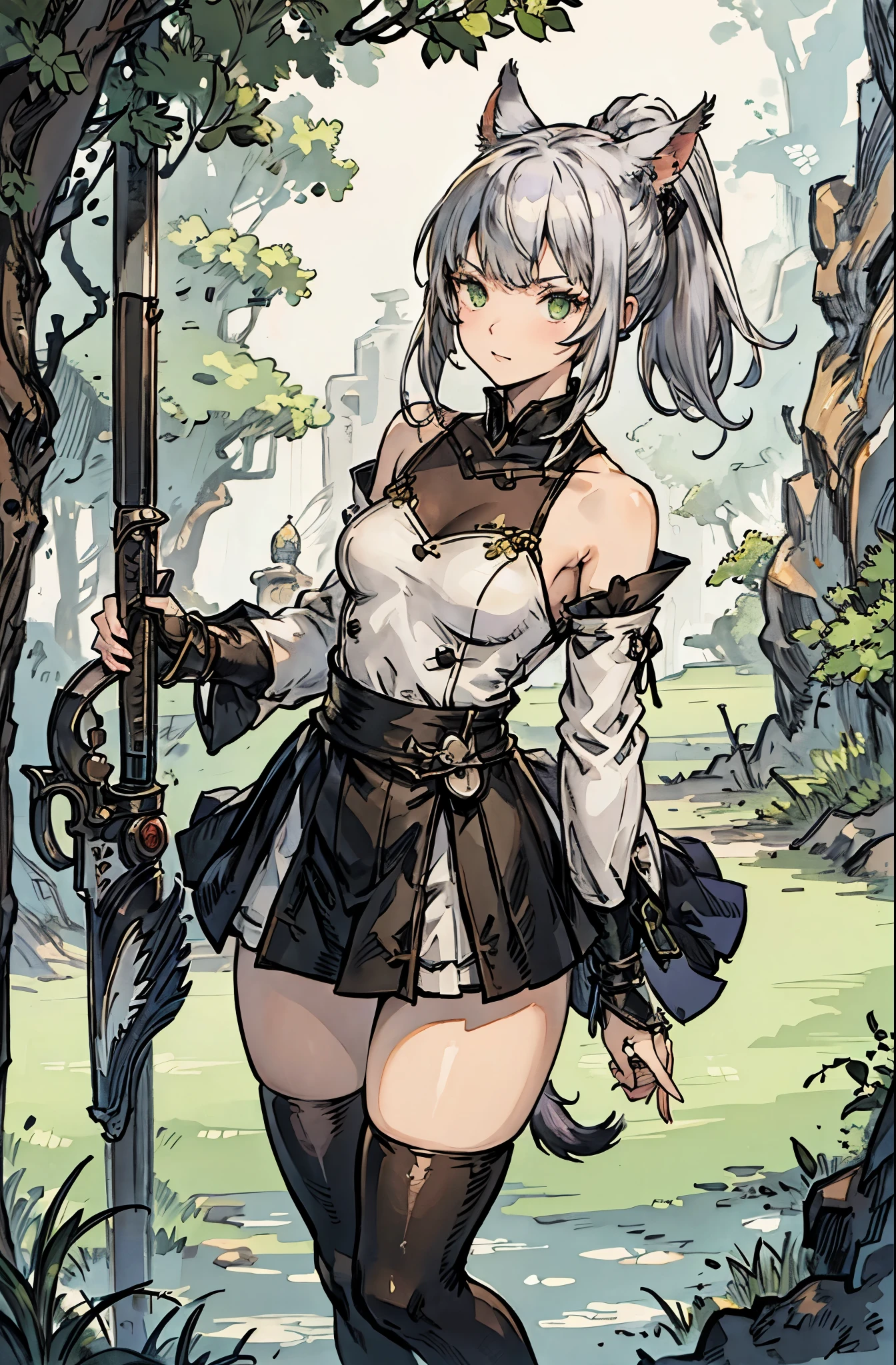 miqo'te, ffxiv, catgirl, samurai, silver hair, green eyes, tail, bangs, ponytail, small , skirt,