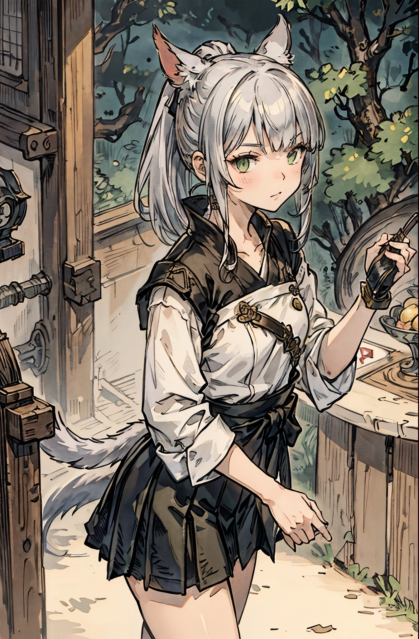 miqo'te, ffxiv, catgirl, samurai, silver hair, green eyes, tail, bangs, ponytail, small , skirt,