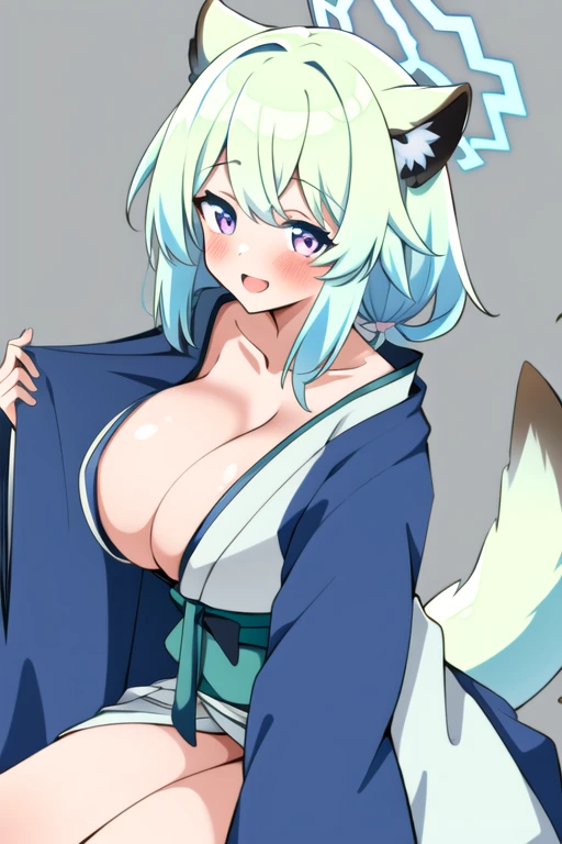 mayoi shigure, 1girl, solo, looking at viewer, blush, smile, open mouth, bangs, simple background, animal ears, cleavage, huge breasts, tail, japanese clothes, wide sleeves, pink eyes, official alternate costume, halo, obi, multicolored eyes, light green hair, yagasuri, grey kimono, bath yukata, weasel ears, 