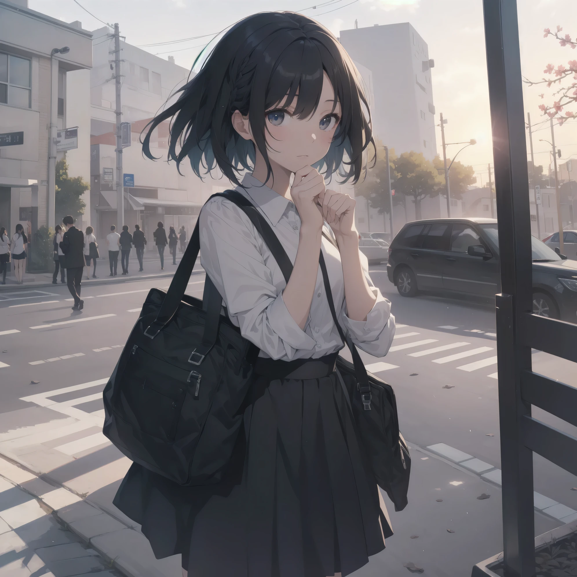 Anime girl with black hair and a white shirt standing on a street ...
