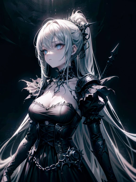 (a girl with) Aura-like gothic lighting, realistic Gothic-style artwork, detailed skeleton impaling itself with a sword in the neck, dark atmospheric background, high-res masterpiece:1.2, ultra-fine painting, professional, vivid colors