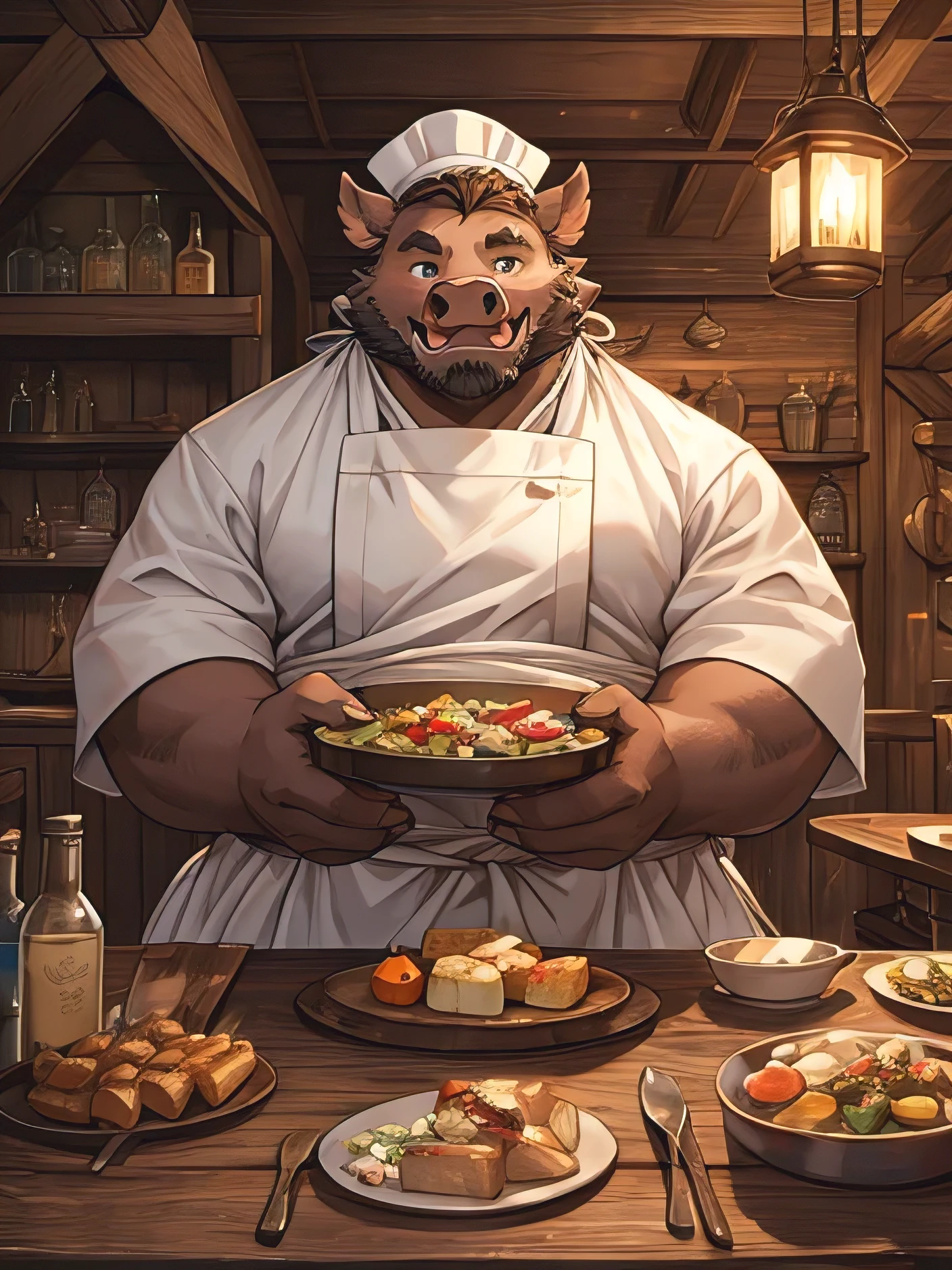 A fat wild boar monster with a massive body wearing a chef's clothes., White gown, 1800s atmosphere, a shabby tavern, A wild boar monster face with a kind expression, a warm expression, bright expression, white bandana