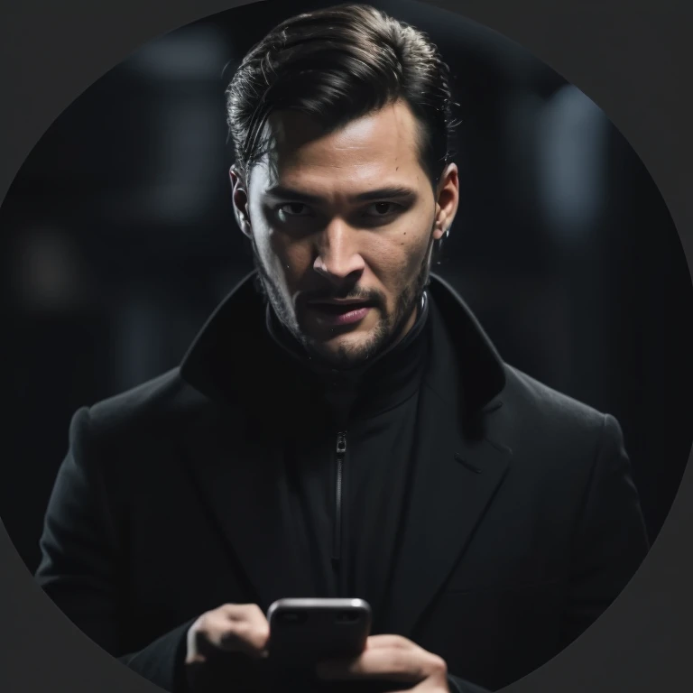 homem arafiado com um casaco preto segurando um telefone celular, tecnologia batida. neo preto style, neo preto style, retrato do professor sinistro, Tecnologia Preta, tecnologia preta, homem misterioso, homem de preto, retrato de Adam Jensen, neo preto, he is wearing a black overcoat, imagem de perfil, Maxim Shirkov, retrato de John Wick