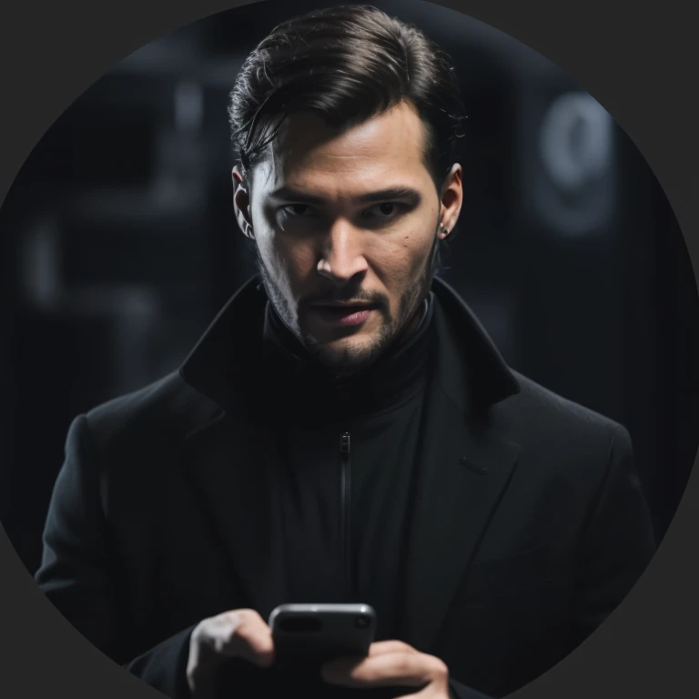 homem arafiado com um casaco preto segurando um telefone celular, tecnologia batida. neo preto style, neo preto style, retrato do professor sinistro, Tecnologia Preta, tecnologia preta, homem misterioso, homem de preto, retrato de Adam Jensen, neo preto, he is wearing a black overcoat, imagem de perfil, Maxim Shirkov, retrato de John Wick