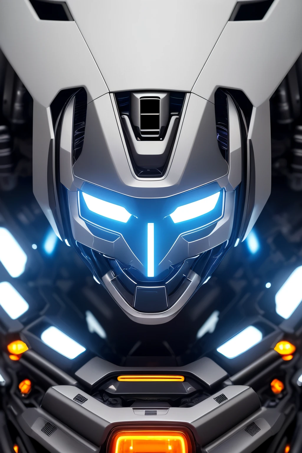 A captivating close-up of a robot's head and upper shoulders, showcasing an advanced, high-tech design. The robot's prominent central eye gleams with a blue glow, signifying its artificial intelligence. The color palette harmoniously blends white, black, and orange hues, complemented by a complex network of panels, bolts, and intricate mechanical elements that exude a sense of advanced articulation and functionality. The materials evoke a fusion of metallic and synthetic components, adding to the intrigue. The out-of-focus background is adorned with small, delicate bokeh light effects, creating an illusion of depth and surrounding environment. Draped in a black fabric