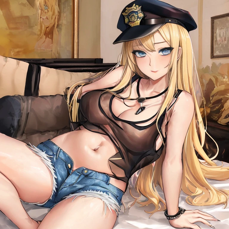 Ultra-high quality masterpiece, tall, 23-year-old woman, one woman, blonde beauty, long hair, blue eyes, lovestruck face, black police hat, white tank top, see-through breasts, belly button exposed, ripped denim shorts, crotch emphasis, sexy pose, on bed