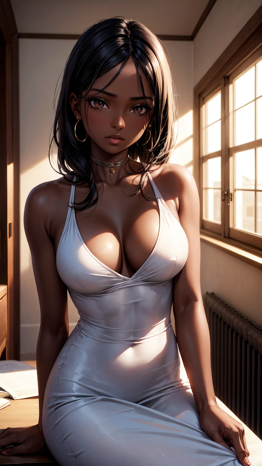 Masterpiace, Woman, dark skin , beautiful, 30 years,passionate look , soft lighting,in the room,