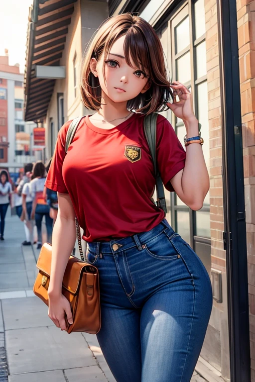 1 chica, has brown hair, has brown eyes, esta triste, tiene uniforme escolar, esta la escuela, mira de frente a la camara, lleva una cartera roja, lleva pantalos jeans