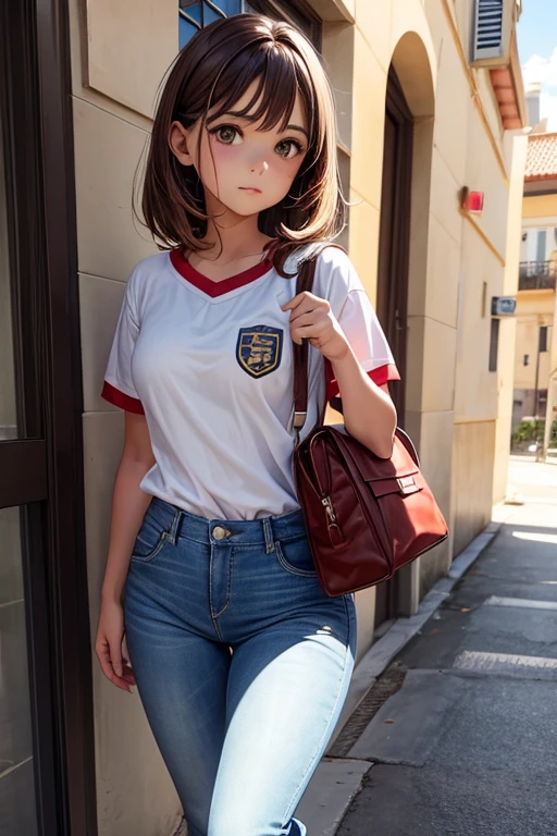 1 chica, has brown hair, has brown eyes, esta triste, tiene uniforme escolar, esta la escuela, mira de frente a la camara, lleva una cartera roja, lleva pantalos jeans
