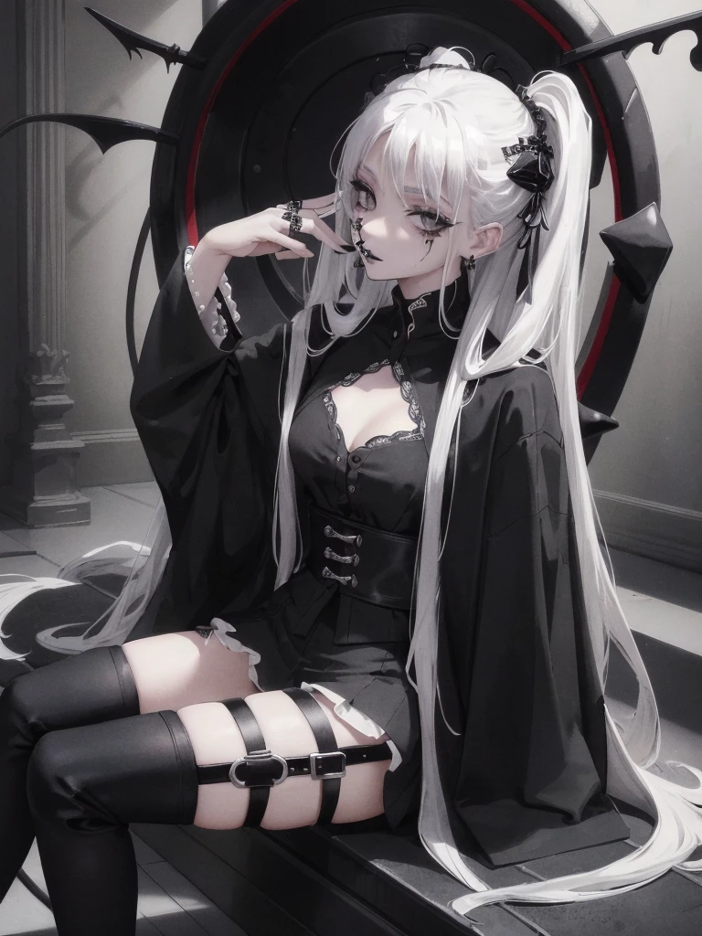 Masterpiece, best quality, high quality, ultra detailed, 1girl, looking at viewer, white hair, gray eyes, black lipstick, black shirt, sitting on a white floor, demon girl, gothcore, 1 7 - year - old, goth girl, japanese gothic, gothic punk style, black metal style, hands on head