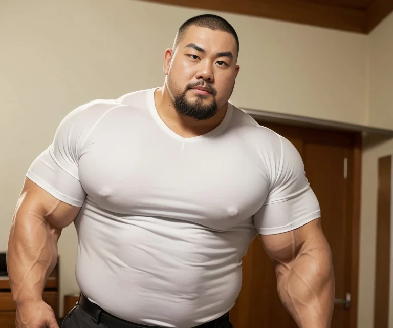 (wearing white shirt:1.4), fat face, (inside bedroom:1.2), Japanese man, Chinese man, Korean man, Taiwanese man, manly face, (round face:1.4), (monolid eyes:1.2), (buzz cut:1.4), very large and strong body, bulging muscles, very large pectoral muscles, muscular arms, muscular abs, muscular legs, muscular back, brightens oily skin, master piece, realistic, panorama, distant view