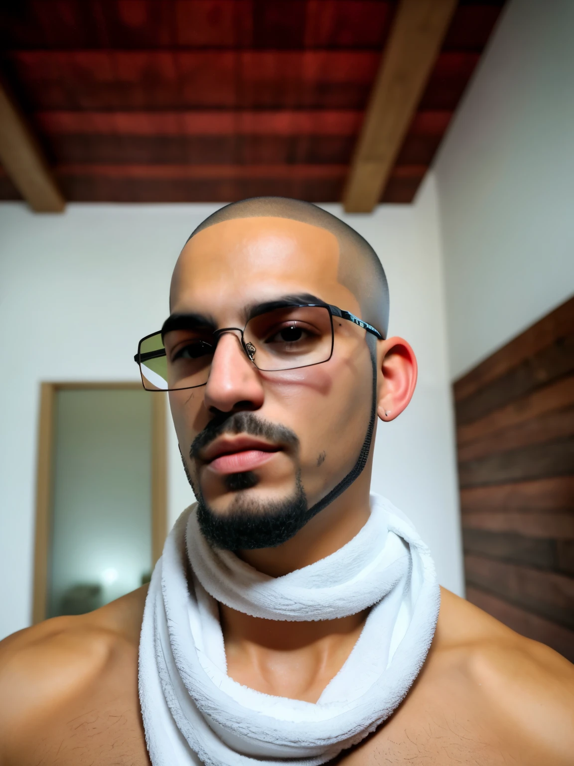 there is a man with shaved hair wearing a towel around his neck and giving a thumbs up sign and wearing Oakley glasses, com leve barba por fazer, with glasses and goatee