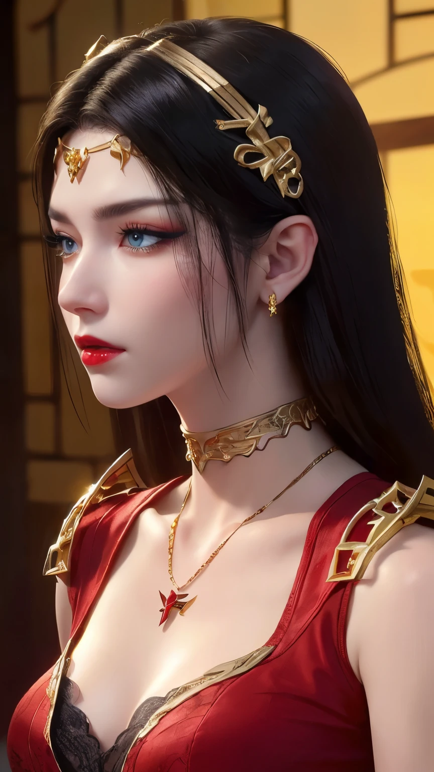 A woman in a red dress with a gold headpiece and a necklace - SeaArt AI