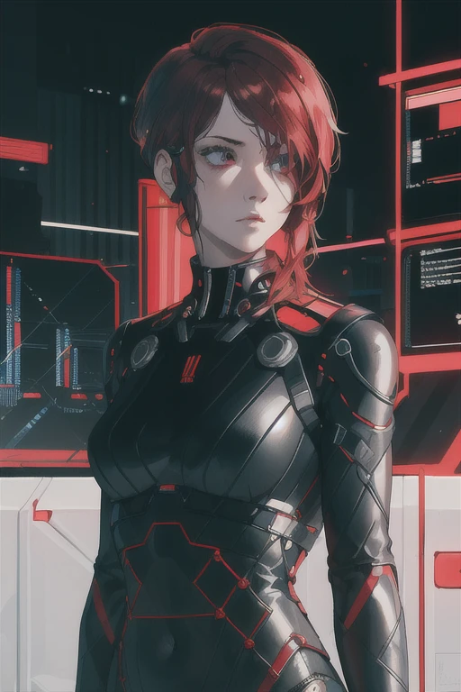 jesseC_soul3142, solo, 1girl, red hair, extradimensional suit, upper body, science fiction, cyberpunk,