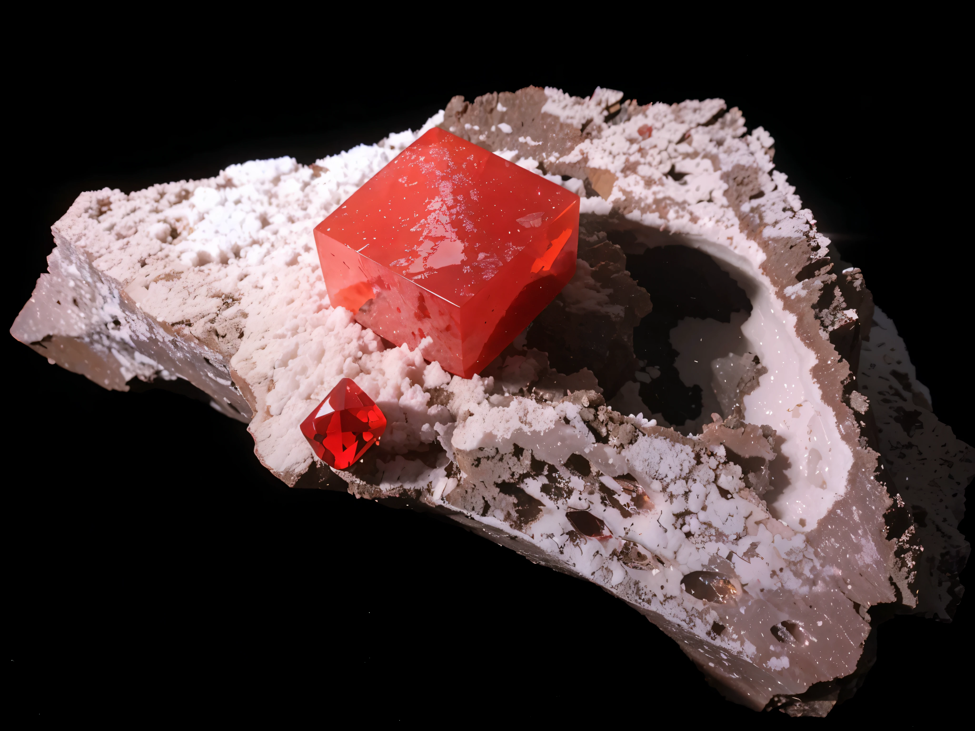 Giant juicy gummy red crystal, shining ruby, Rhodochrosite, giant shining red cube sticking out of snowy white rock formation, amazing shine, bright red, beautiful ruby rock, The Alma King