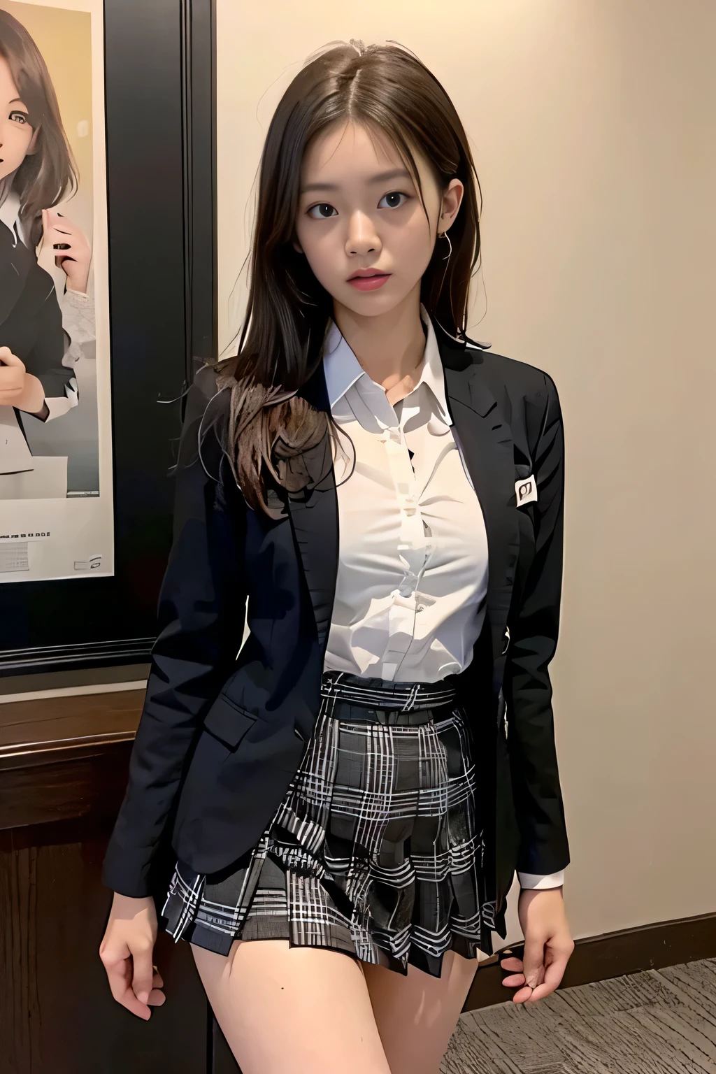 ((masterpiece:1.4))、((muste piece:1.4))、((long black hair woman:1.4))、((Wearing a short pleated skirt with a light brown plaid pattern::1.4))、((standing in the hotel lobby:1.4))、 ((cowboy shot:1.4))、((16 year old female high school student:1.4))、innocent look、((Wearing a white long-sleeved collared dress shirt:1.4))、((woman wearing a black suit:1.4))、((small breast:1.4))、((Light brown plaid miniskirt that highlights the thighs:1.4))、((wearing a black office blazer:1.4))、((Wearing a neat black office blazer:1.4)), ((A woman with a scared expression:1.4))、