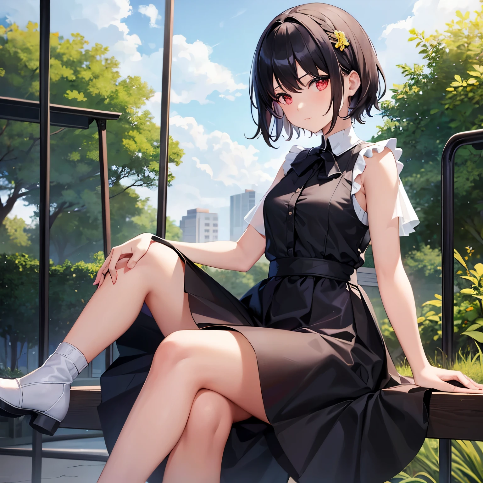 1girl, solo, looking at viewer, short hair, bangs, skirt, shirt, black hair, hair ornament, red eyes, dress, sitting, closed mouth, sky, shoes, sleeveless, white dress, capelet, scrunchie, white footwear, blue capelet, swing