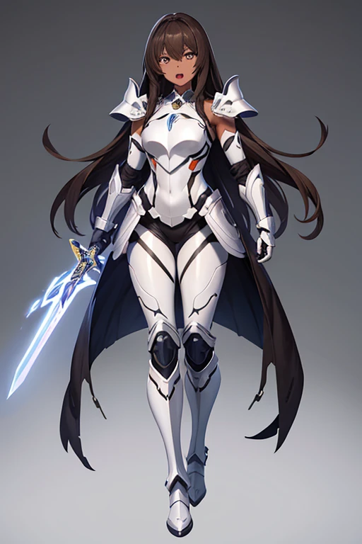 Long brunette woman, Ponytail, Chest, cleavage, White leggings, White sci-fi armor, High heel,whole body， cross sword, apocalyptic ruined city