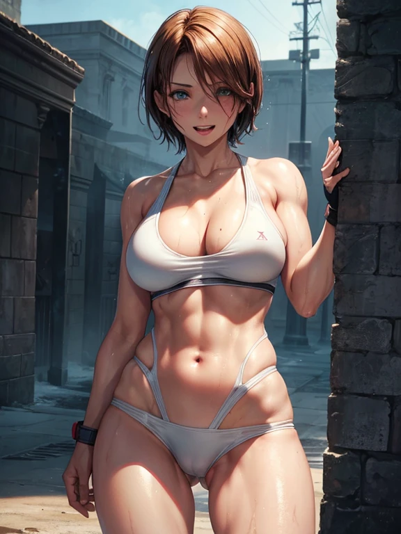 Resident evil, Clair Redfield, fit clothes, ((camel toe)), wet, high quality, large breasts , fitting white bikini, happy face,