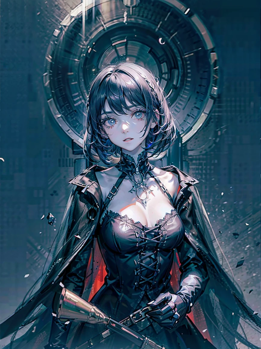 (a girl with) Aura-like gothic lighting, realistic Gothic-style artwork, detailed skeleton impaling itself with a sword in the neck, dark atmospheric background, high-res masterpiece:1.2, ultra-fine painting, professional, vivid colors
