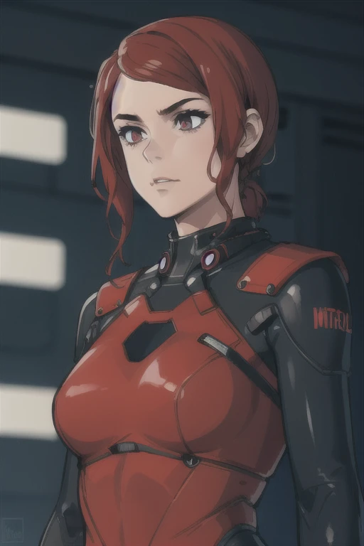 jesseC_soul3142, solo, 1girl, red hair, extradimensional suit, upper body, science fiction, cyberpunk,