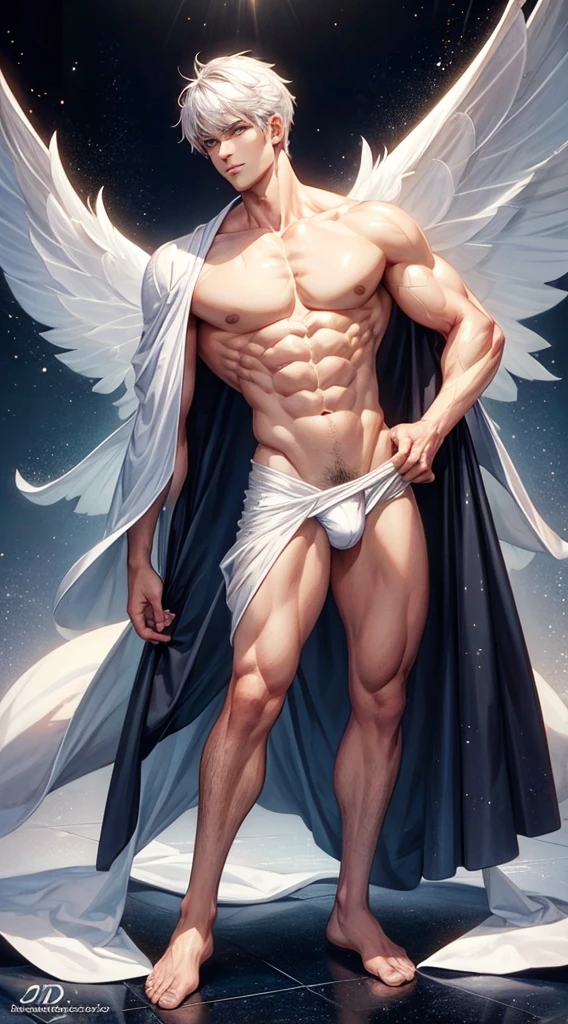 Full body photorealistic handsome Hunky Young man 4k, high resolution, best quality, masterpiece, perfect color, perfect shade, perfect lighting, Posted by e621, ((portrait)), ((handsome man)), perfect male figure, Short hair detail ,chest muscles,abdominal muscles,Naked torso, Fairy prince, Detailed face, perfect face, (stood up), Detailed background, ((Bonifasco Lighting)), (delicate eyes),(),white hair, with big wide sparkling massive wing.