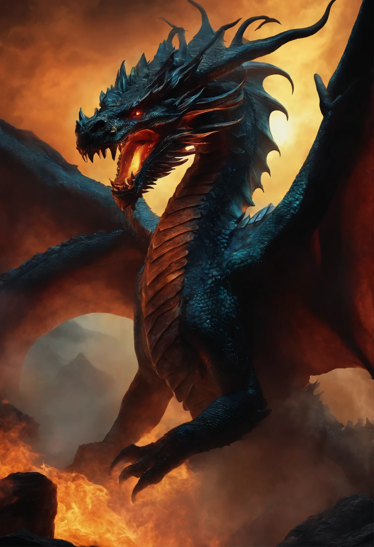 Black scale dragon fire breathing towards army of ghost