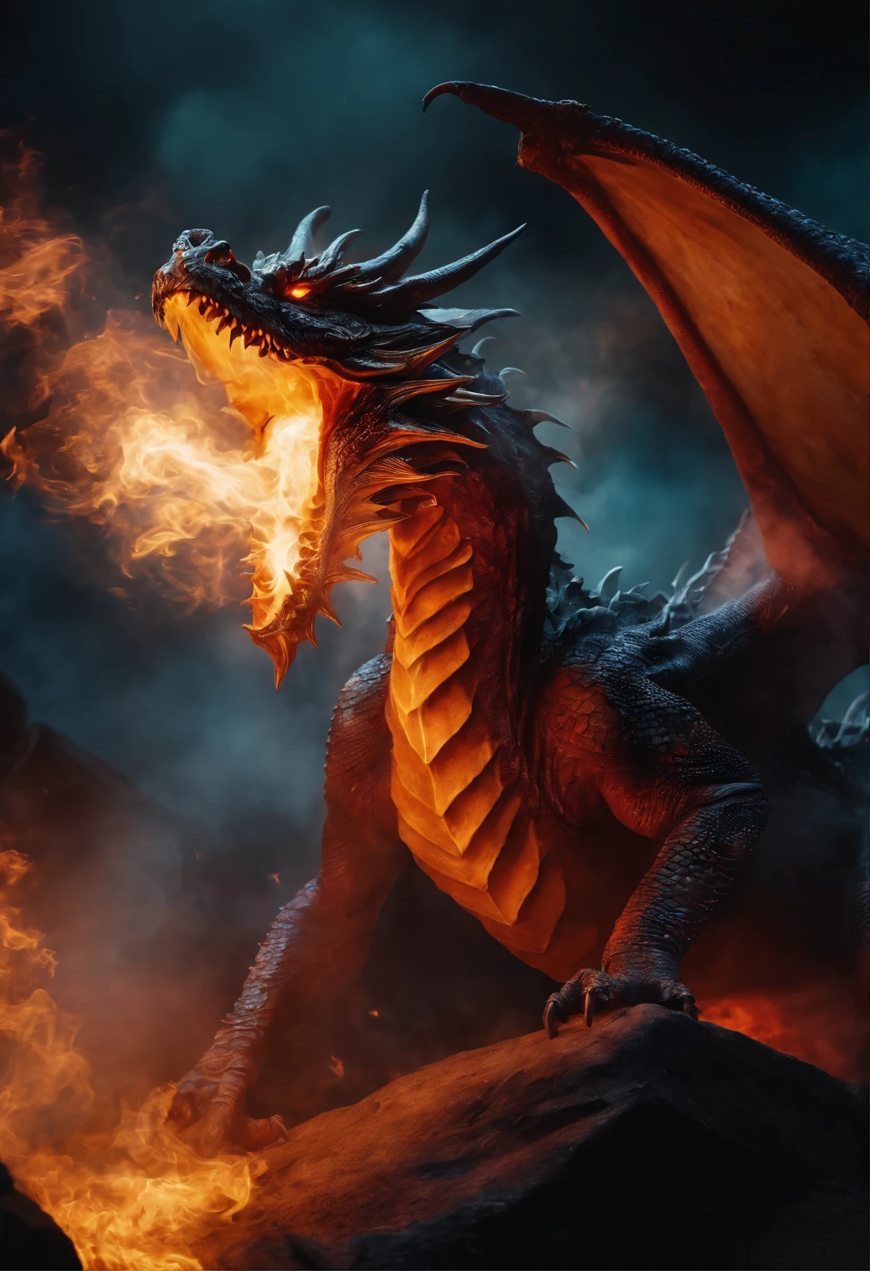 Black scale dragon fire breathing towards army of ghost 