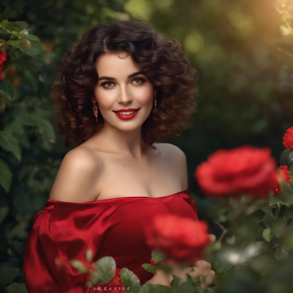 (best quality,4k,8k,highres,masterpiece:1.2),ultra-detailed,realistic,professional,vivid colors,studio lighting,portrait,red color tone,in a garden,a happy girl with short black curly hair,her hair covering her left eye,wearing a red silk dress with a sweetheart neckline and off-shoulder design,her eyes are honey-colored,looking at the viewer.