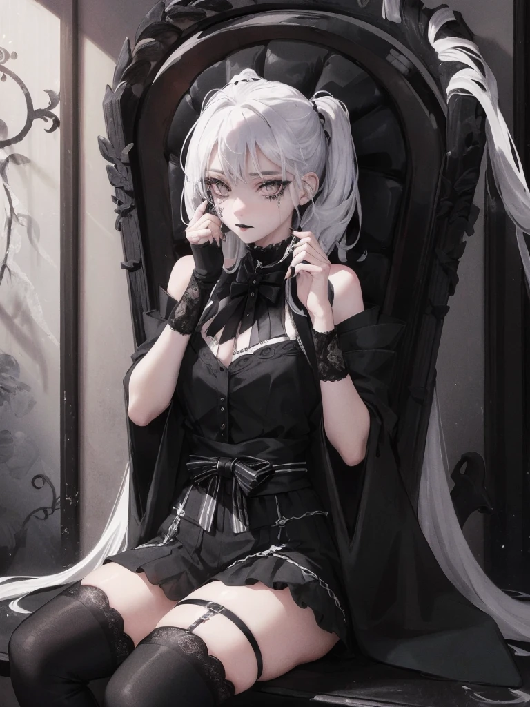 Masterpiece, best quality, high quality, ultra detailed, 1girl, looking at viewer, white hair, gray eyes, black lipstick, black shirt, sitting on a white floor, demon girl, gothcore, 1 7 - year - old, goth girl, japanese gothic, gothic punk style, black metal style, hands on head