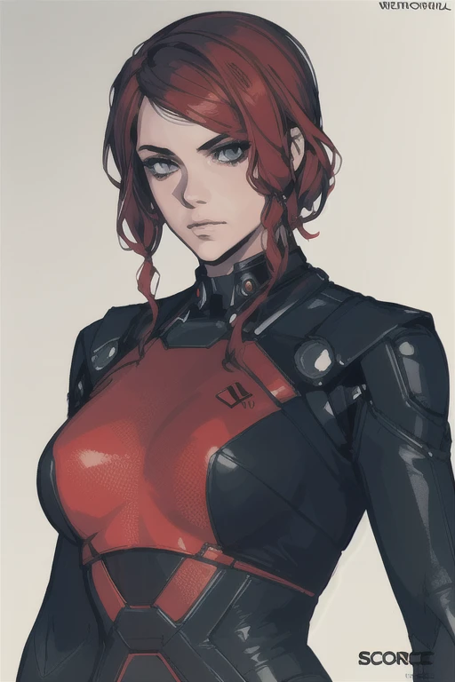 jesseC_soul3142, solo, 1girl, red hair, extradimensional suit, upper body, science fiction, cyberpunk,